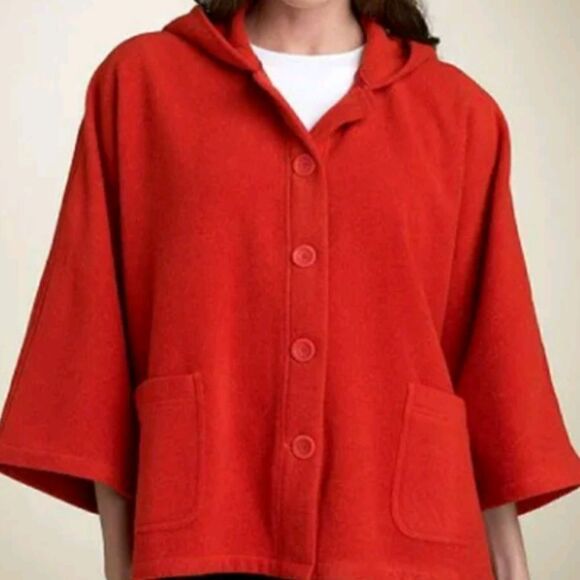 Eileen Fisher 100% Wool Orange Button Front Crop Boxy Hooded Cape Jacket Medium - Picture 1 of 8